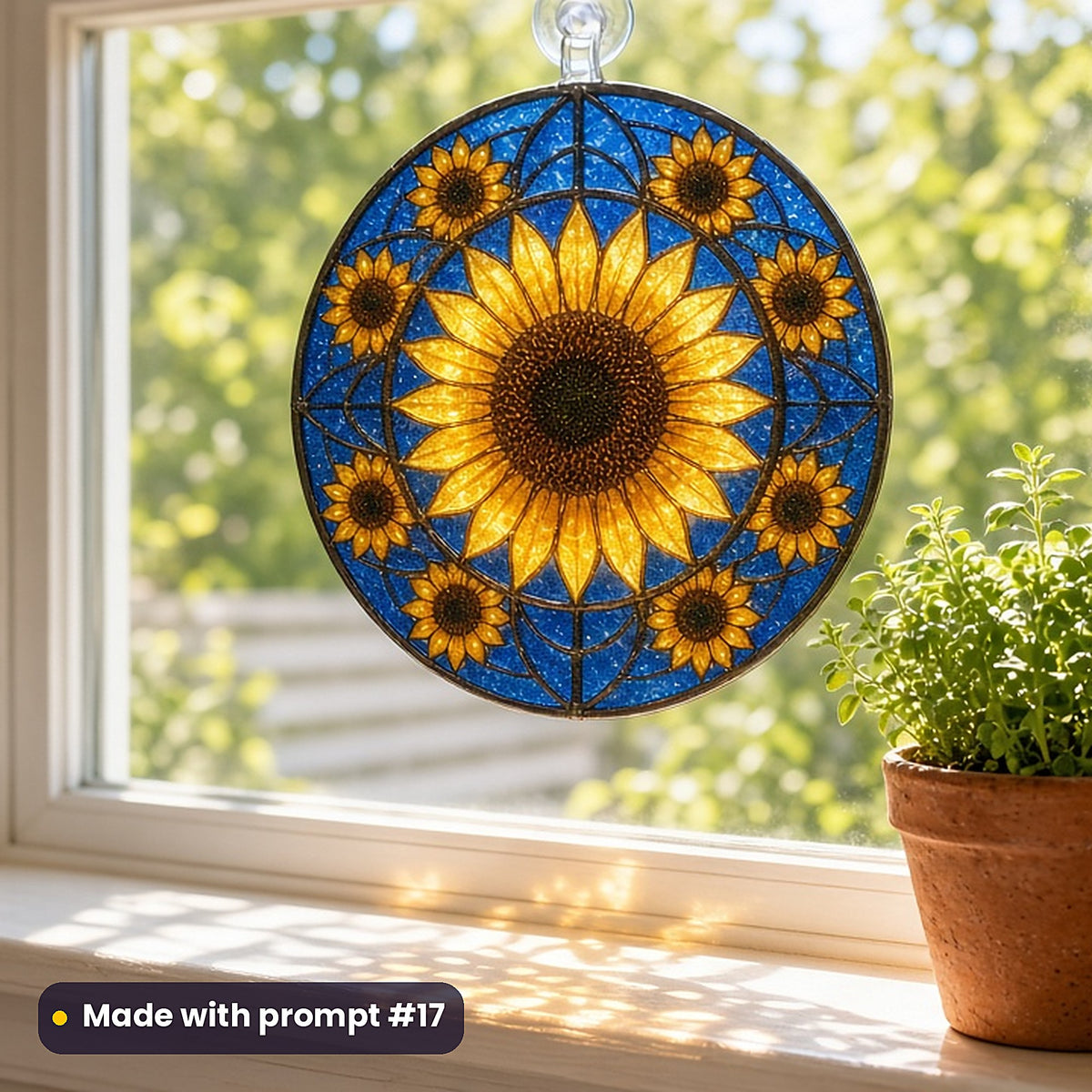 Sunflowers stained glass prompt pack: UV-printed acrylic suncatcher in a window mockup, made with prompt #17
