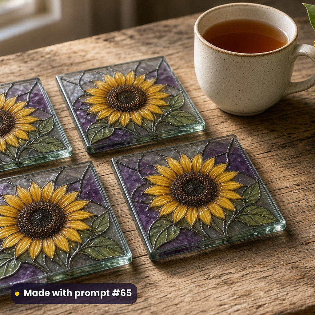 Sunflowers stained glass prompt pack: set of UV-printed glass coasters mockup, made with prompt #65