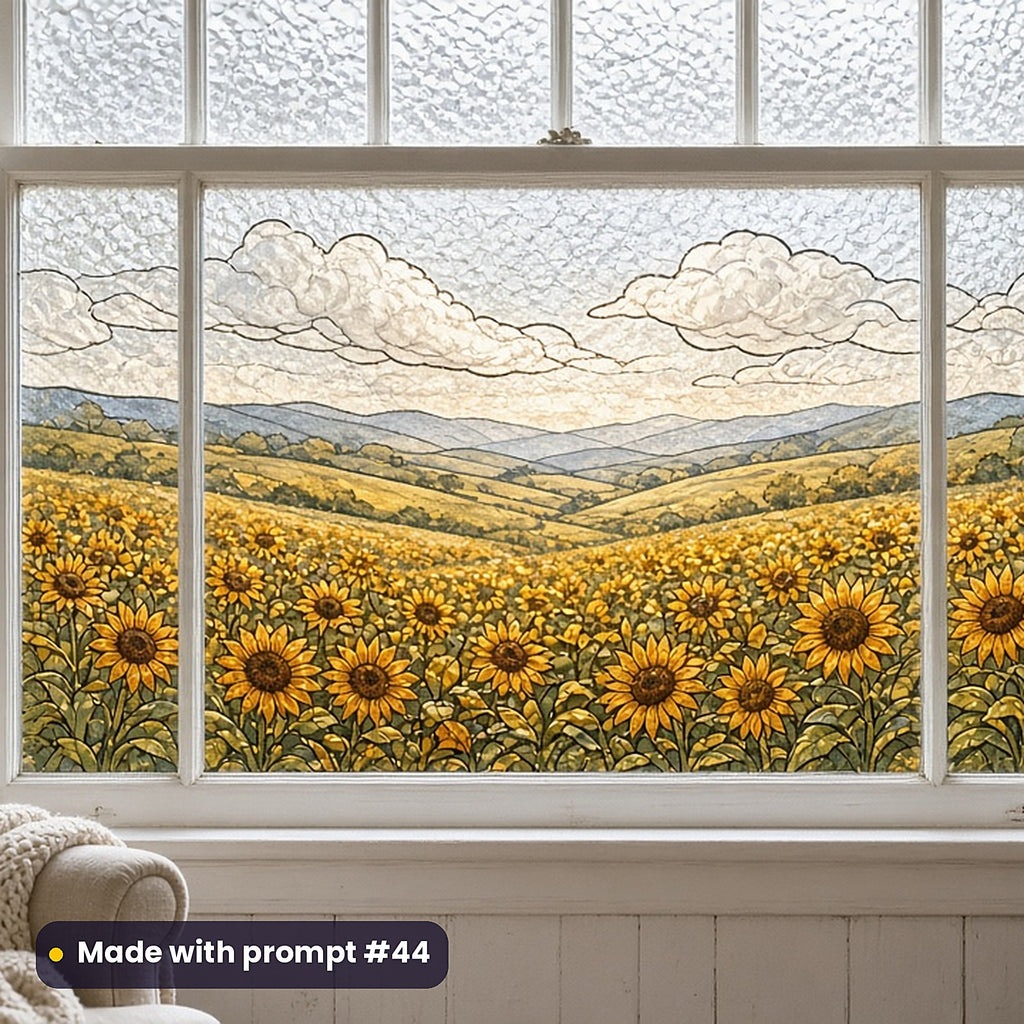 Sunflowers stained glass prompt pack: faux stained glass window panel mockup, made with prompt #44