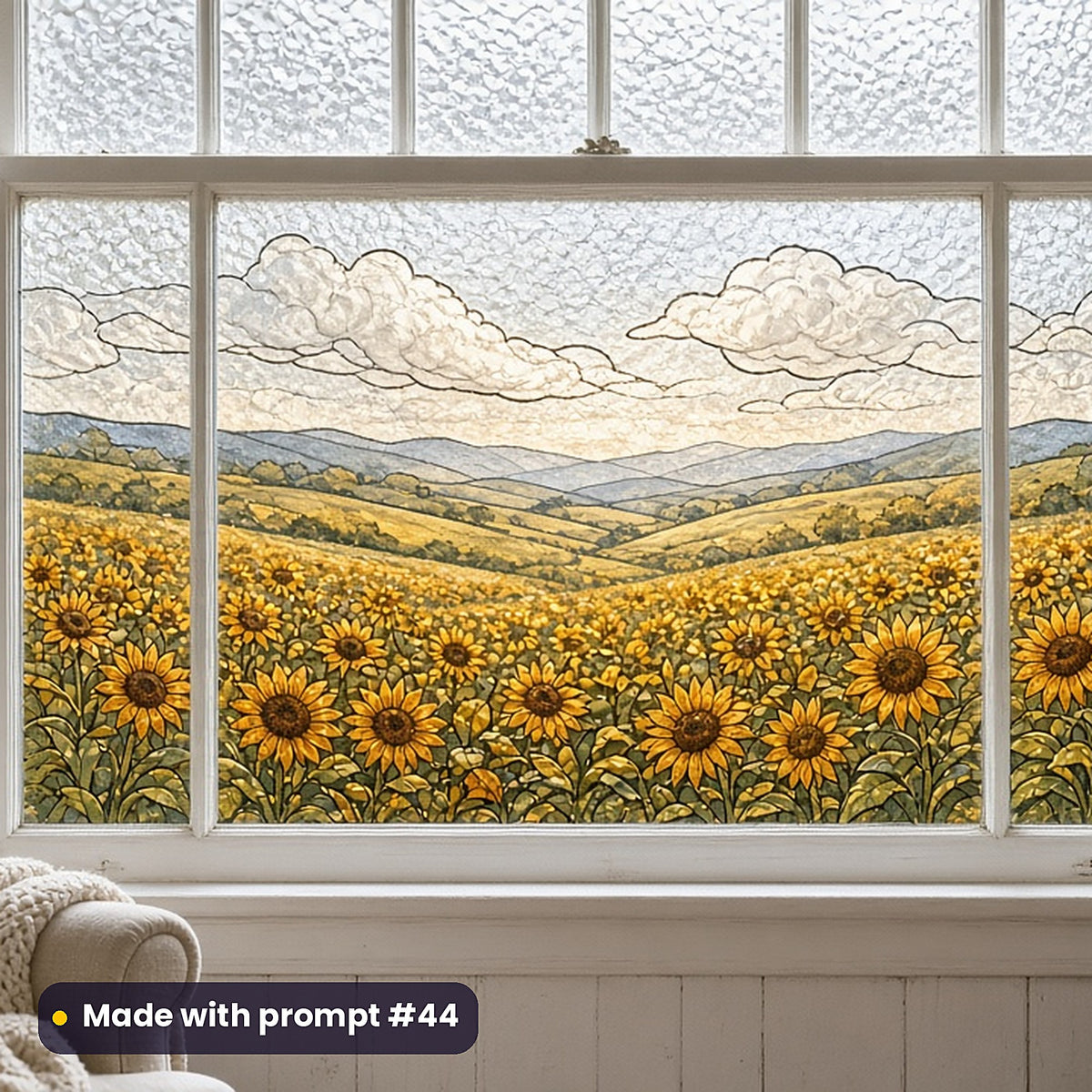 Sunflowers stained glass prompt pack: faux stained glass window panel mockup, made with prompt #44