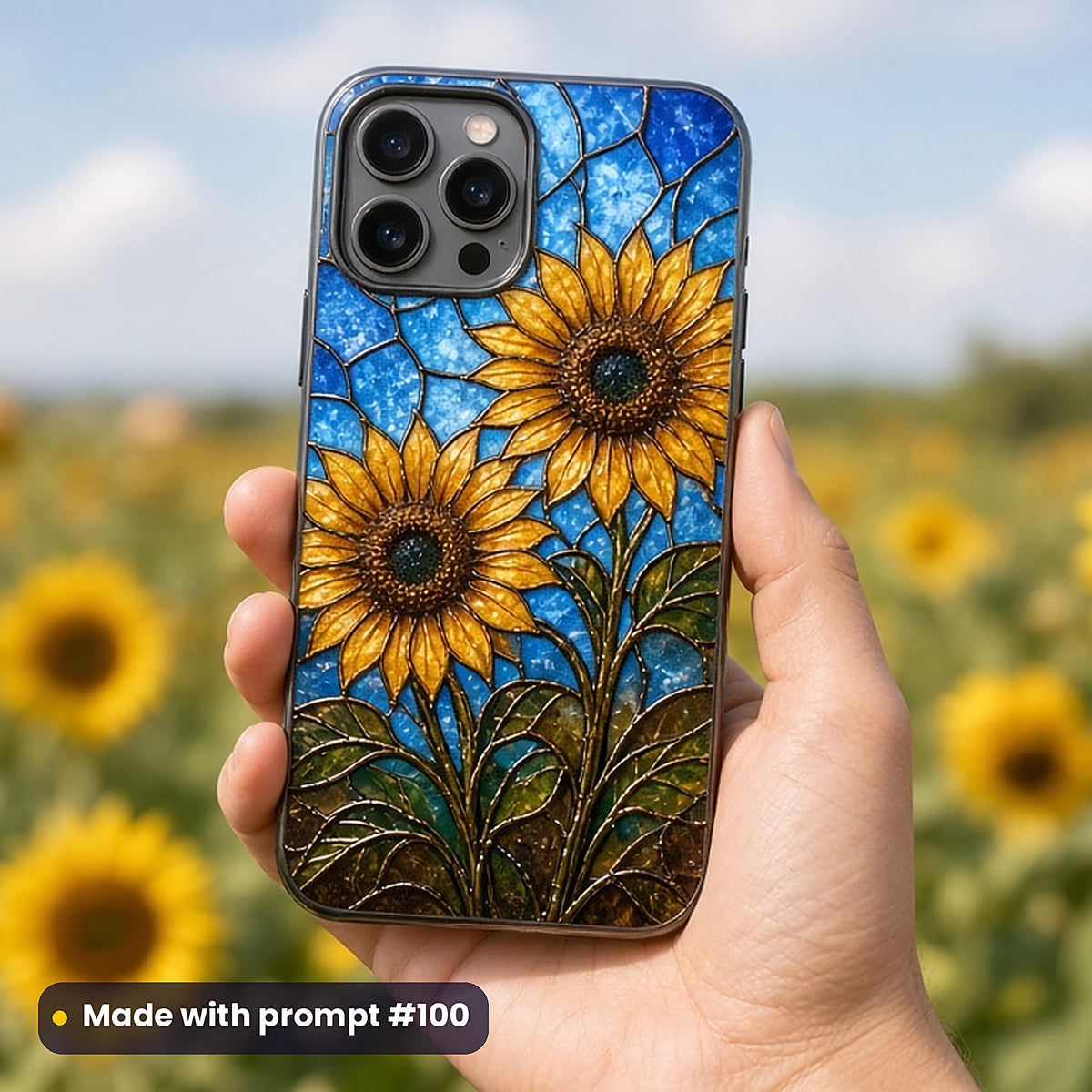Sunflowers stained glass prompt pack: UV-printed phone case mockup, made with prompt #100