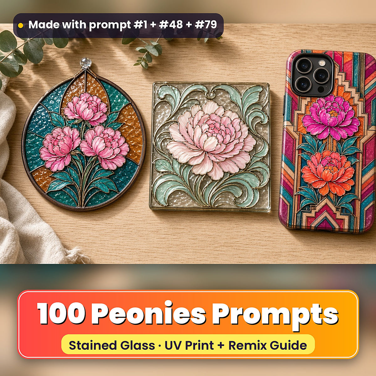 Peonies stained glass prompt pack: UV-printed suncatcher, coaster and phone case set mockup, made with prompt #1 + #48 + #79