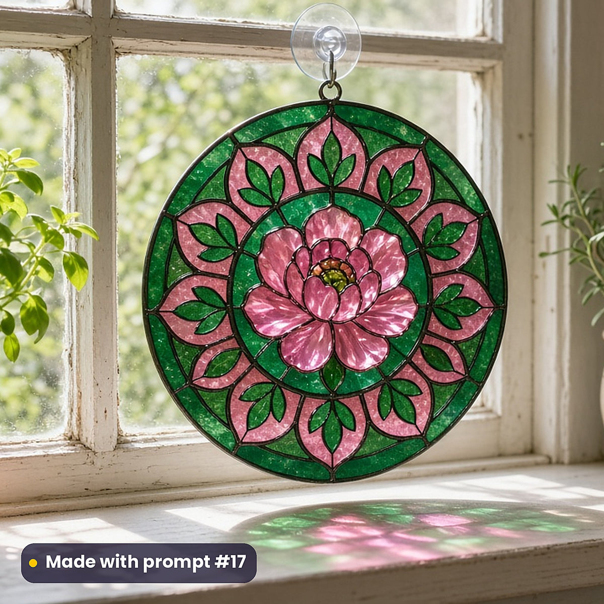 Peonies stained glass prompt pack: UV-printed acrylic suncatcher in a window mockup, made with prompt #17