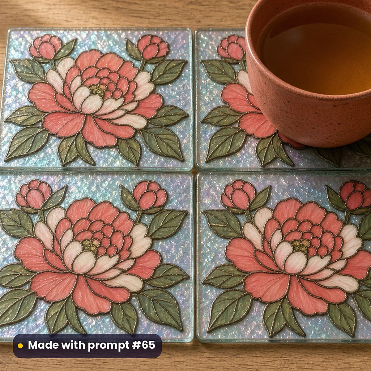 Peonies stained glass prompt pack: set of UV-printed glass coasters mockup, made with prompt #65