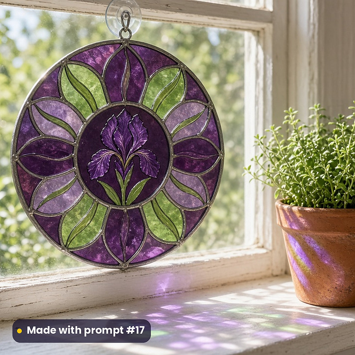 Irises stained glass prompt pack: UV-printed acrylic suncatcher in a window mockup, made with prompt #17