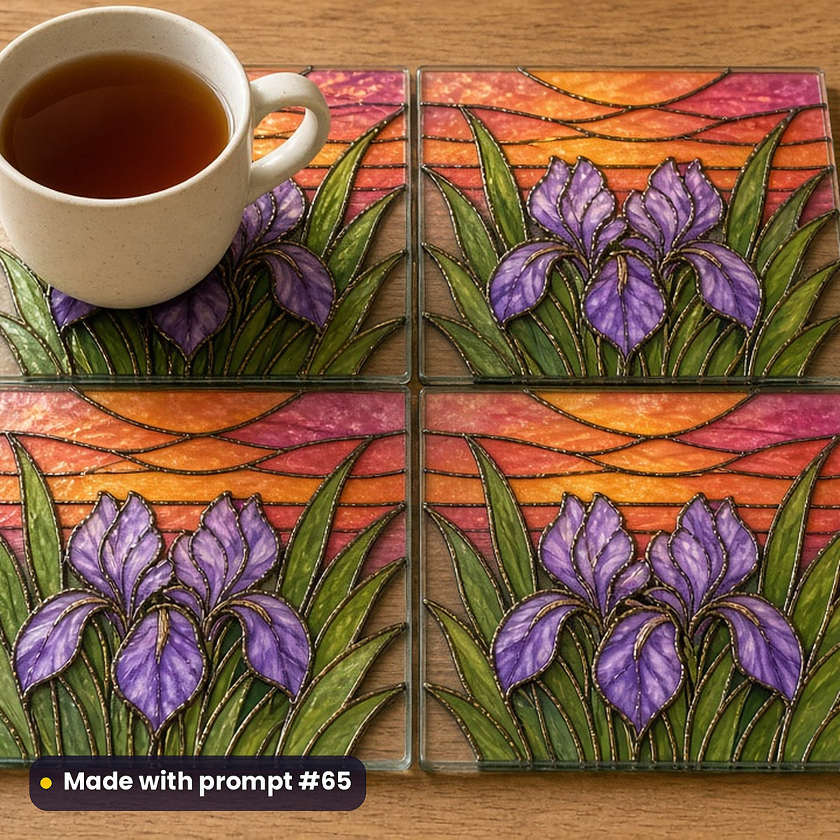 Irises stained glass prompt pack: set of UV-printed glass coasters mockup, made with prompt #65