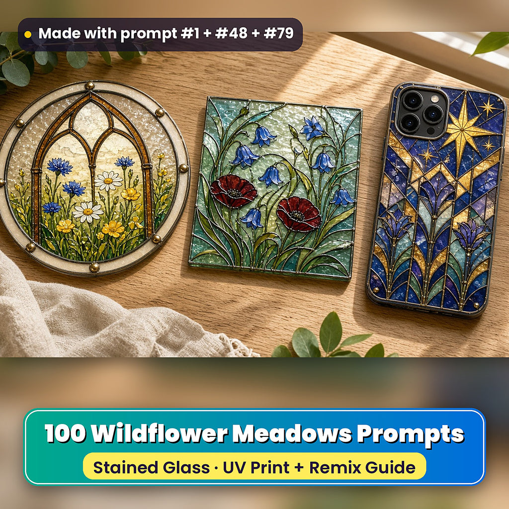 Wildflower Meadows stained glass prompt pack: UV-printed suncatcher, coaster and phone case set mockup, made with prompt #1 + #48 + #79