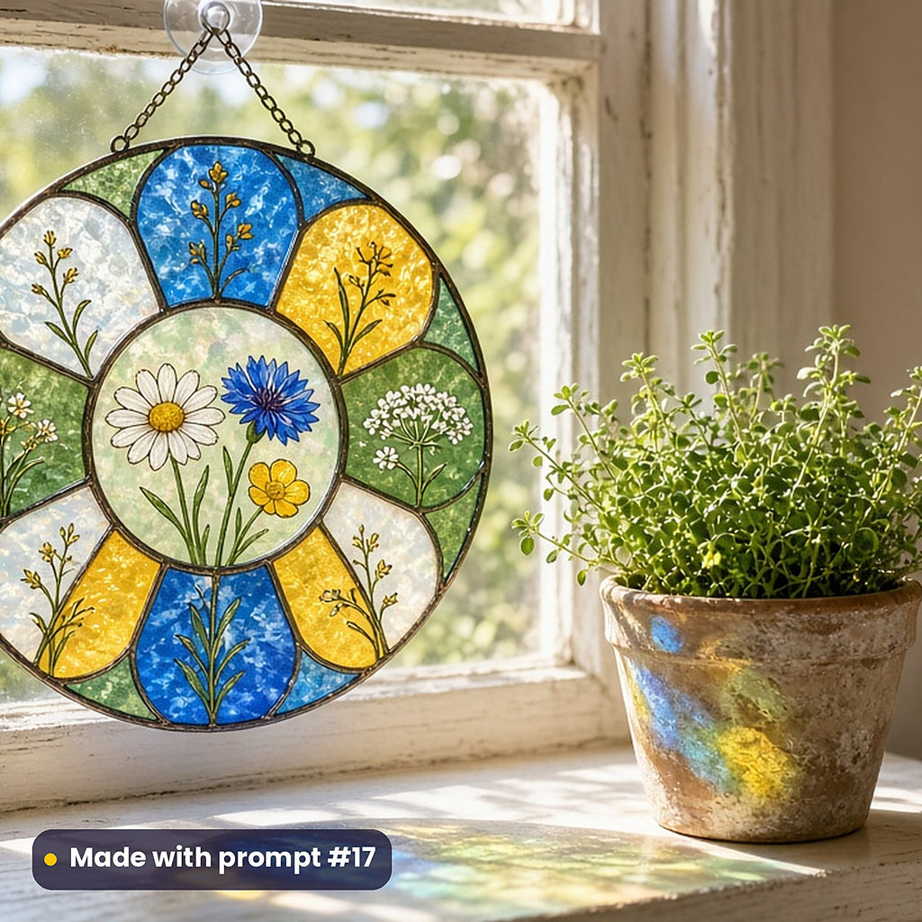 Wildflower Meadows stained glass prompt pack: UV-printed acrylic suncatcher in a window mockup, made with prompt #17