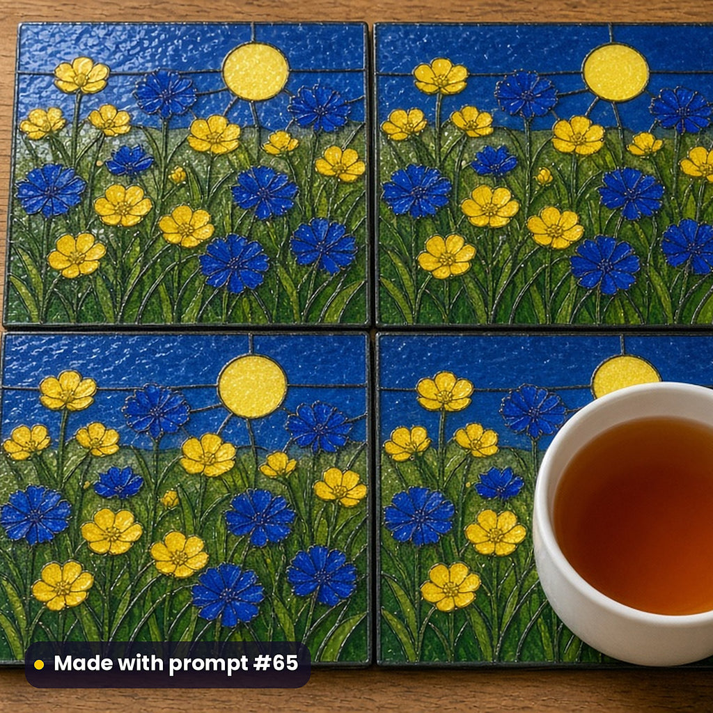 Wildflower Meadows stained glass prompt pack: set of UV-printed glass coasters mockup, made with prompt #65