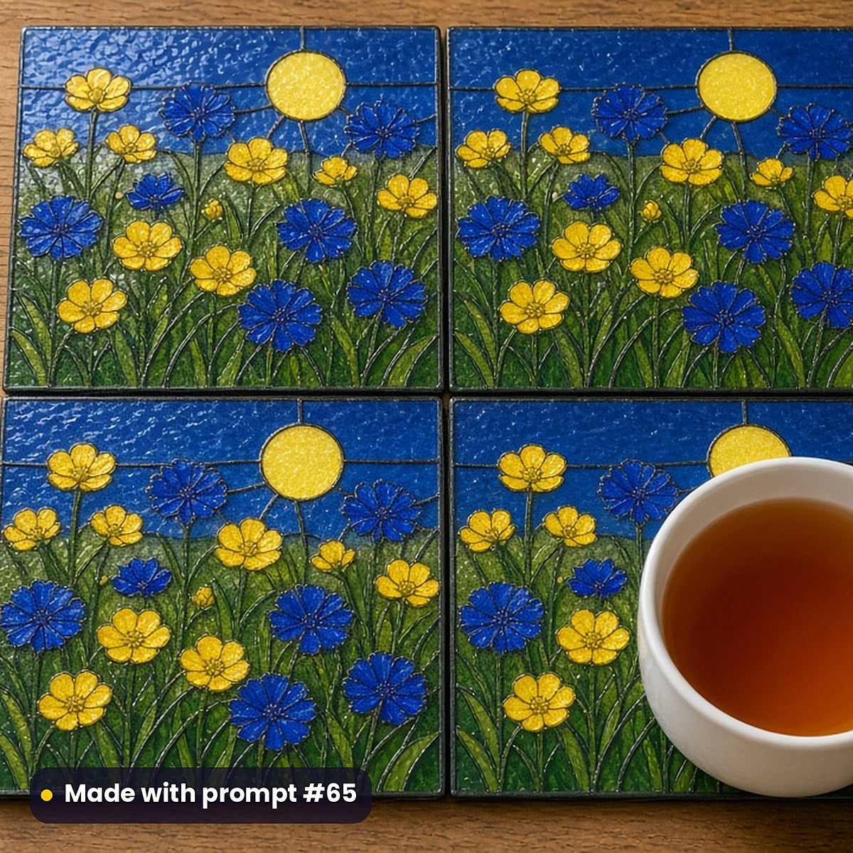 Wildflower Meadows stained glass prompt pack: set of UV-printed glass coasters mockup, made with prompt #65