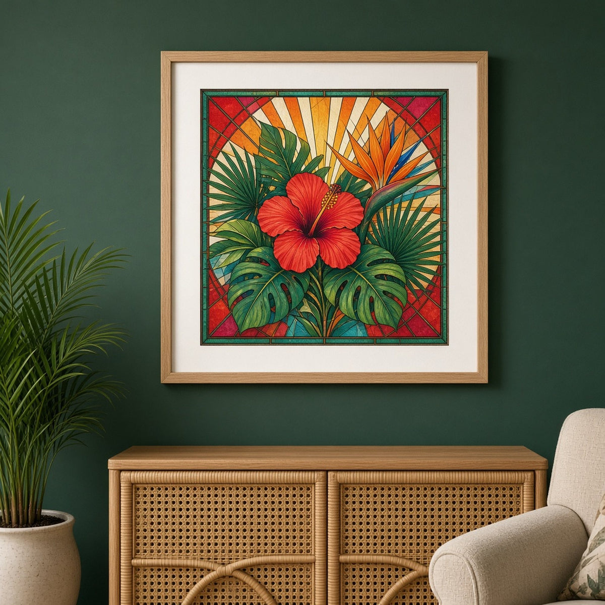 Art Deco stained-glass red hibiscus and bird-of-paradise with monstera and palm leaves before orange sunburst rays shown as a flat framed print above a rattan sideboard, made with prompt #9