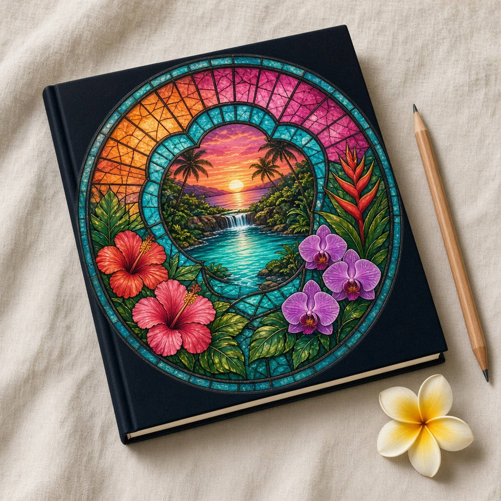Rose-window stained-glass tropical lagoon with waterfall and sunset framed by hibiscus, orchids and heliconia printed flat on a hardback notebook, made with prompt #47