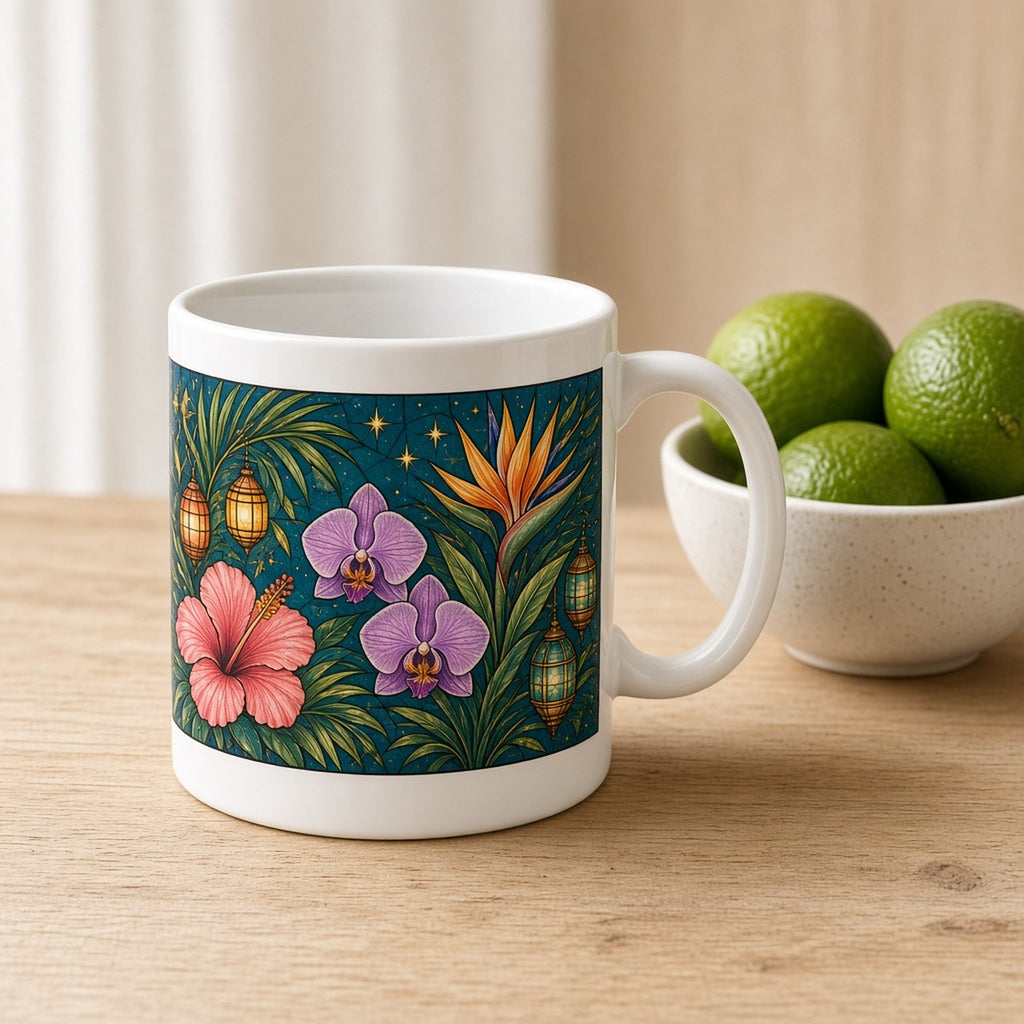 Arts and Crafts stained-glass hibiscus, orchids and bird-of-paradise with small glowing lanterns and stars on deep teal printed flat on a mug, made with prompt #84