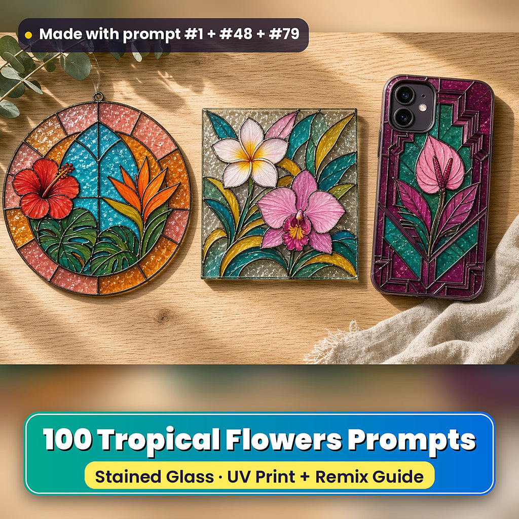 Tropical Flowers stained glass prompt pack: UV-printed suncatcher, coaster and phone case set mockup, made with prompt #1 + #48 + #79