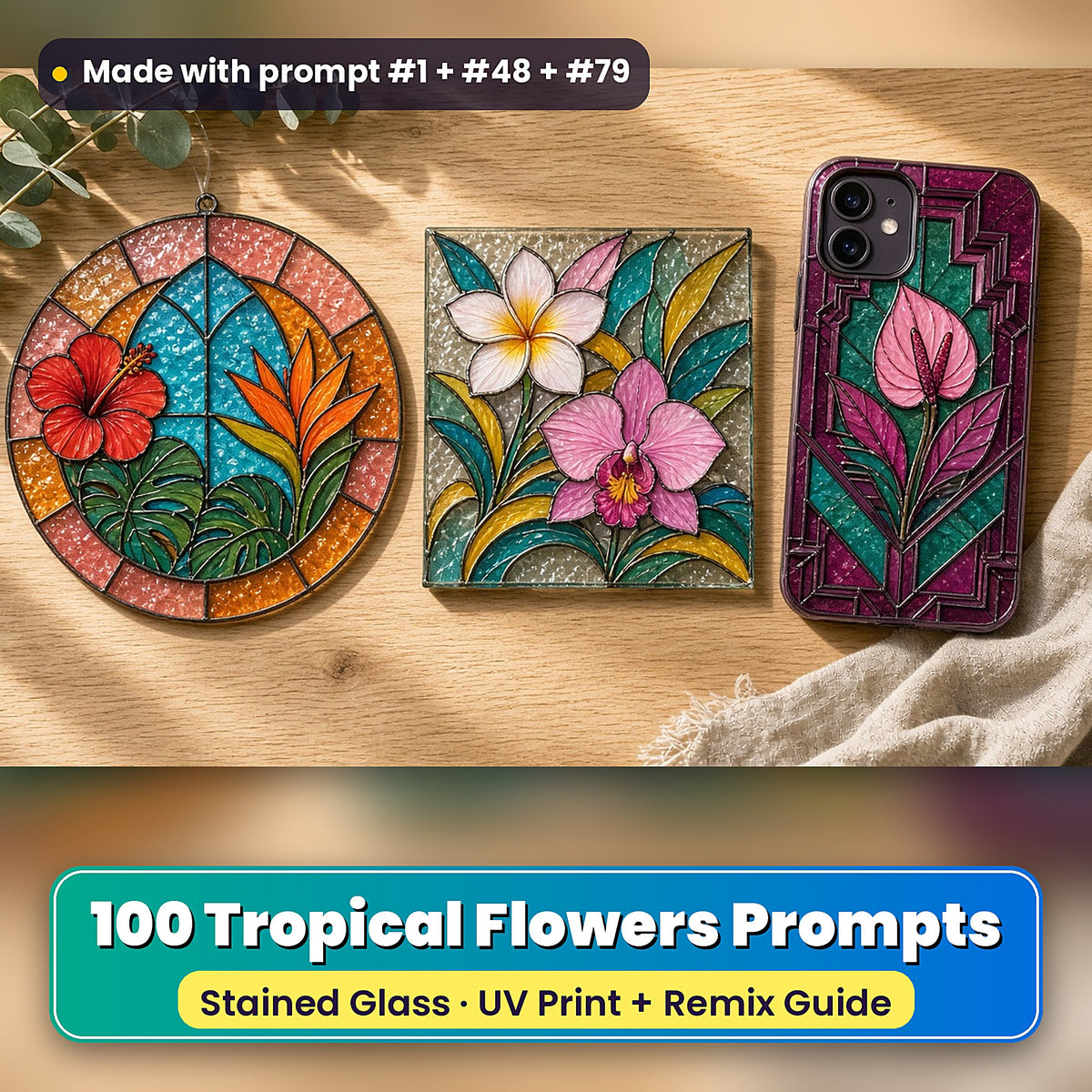 Tropical Flowers stained glass prompt pack: UV-printed suncatcher, coaster and phone case set mockup, made with prompt #1 + #48 + #79