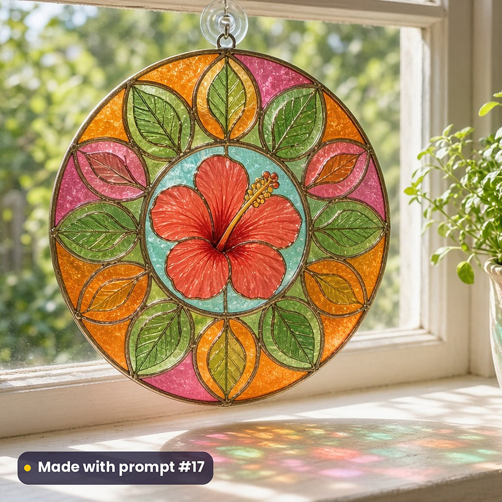 Tropical Flowers stained glass prompt pack: UV-printed acrylic suncatcher in a window mockup, made with prompt #17
