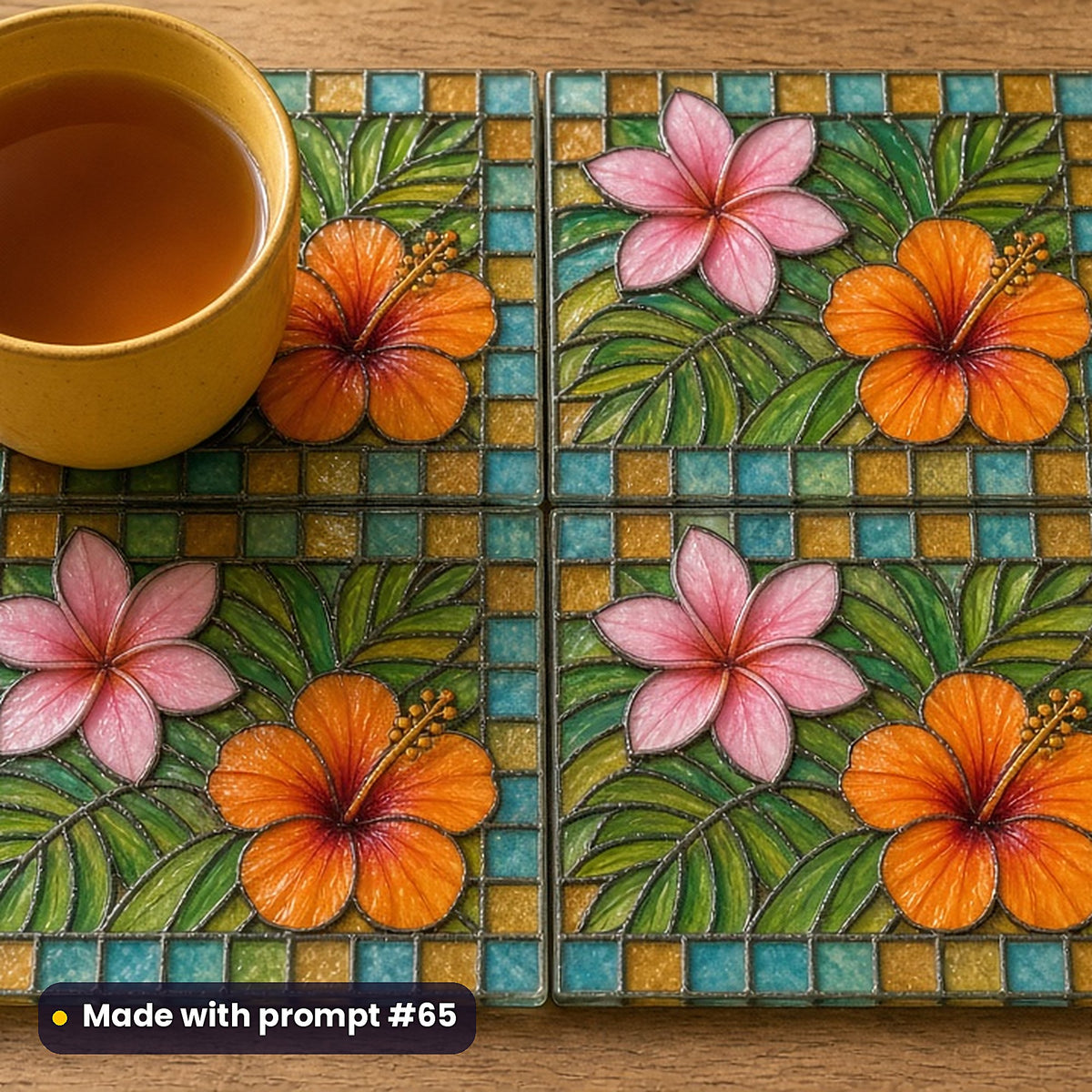 Tropical Flowers stained glass prompt pack: set of UV-printed glass coasters mockup, made with prompt #65