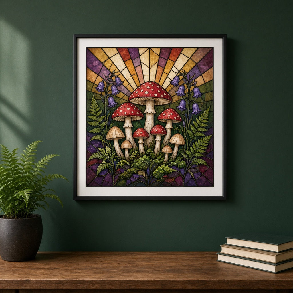 Art Deco stained-glass cluster of red-capped mushrooms with ferns and bluebells before sunburst rays shown as a flat framed print above a desk, made with prompt #9