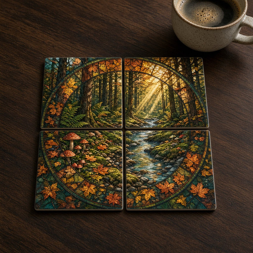 Rose-window stained-glass autumn woodland with mushrooms, maple leaves and a mossy stream under golden light printed flat across a set of four coasters, made with prompt #47