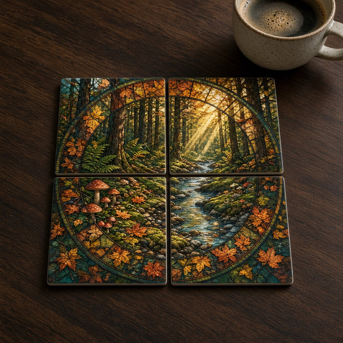 Rose-window stained-glass autumn woodland with mushrooms, maple leaves and a mossy stream under golden light printed flat across a set of four coasters, made with prompt #47