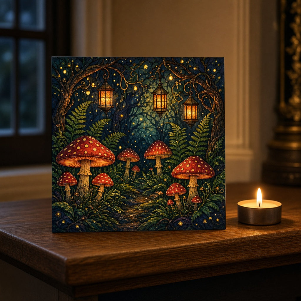 Arts and Crafts stained-glass night forest of red toadstools and ferns with glowing lanterns and fireflies printed flat on a greeting card, made with prompt #84