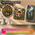 Mushrooms and Woodland Plants stained glass prompt pack: UV-printed suncatcher, coaster and phone case set mockup, made with prompt #1 + #48 + #79