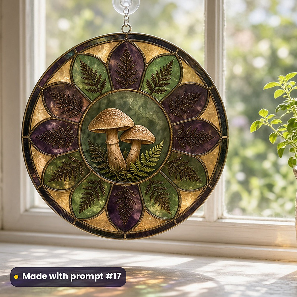 Mushrooms and Woodland Plants stained glass prompt pack: UV-printed acrylic suncatcher in a window mockup, made with prompt #17