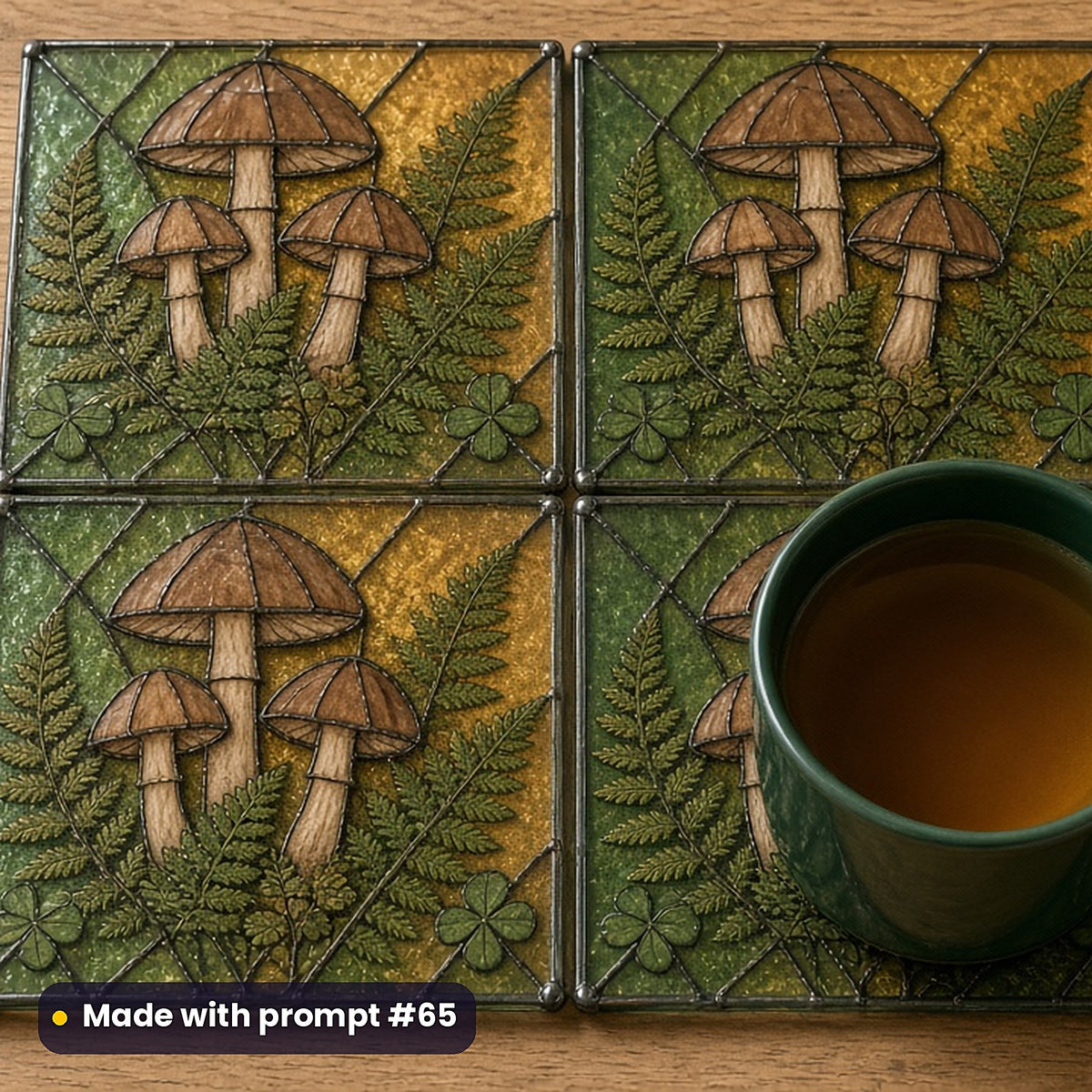 Mushrooms and Woodland Plants stained glass prompt pack: set of UV-printed glass coasters mockup, made with prompt #65