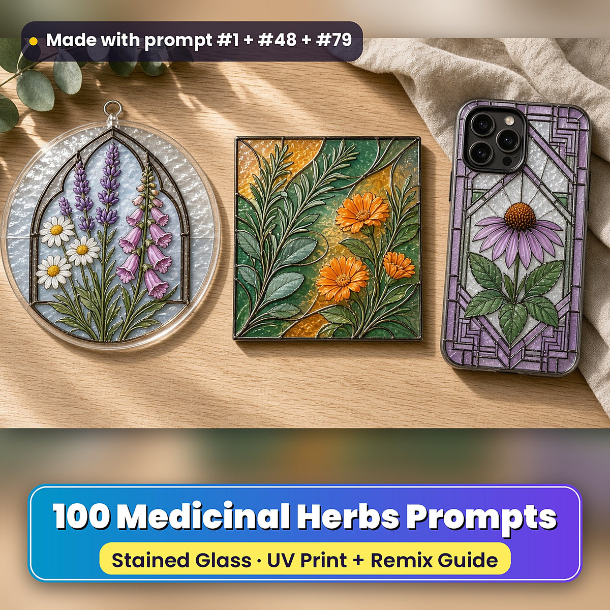 Medicinal Herbs stained glass prompt pack: UV-printed suncatcher, coaster and phone case set mockup, made with prompt #1 + #48 + #79