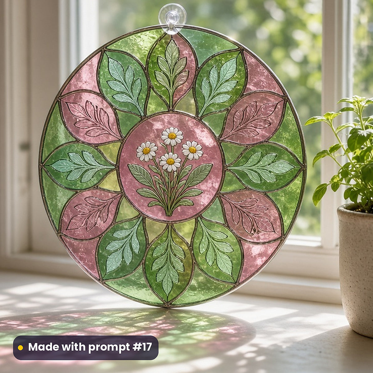 Medicinal Herbs stained glass prompt pack: UV-printed acrylic suncatcher in a window mockup, made with prompt #17