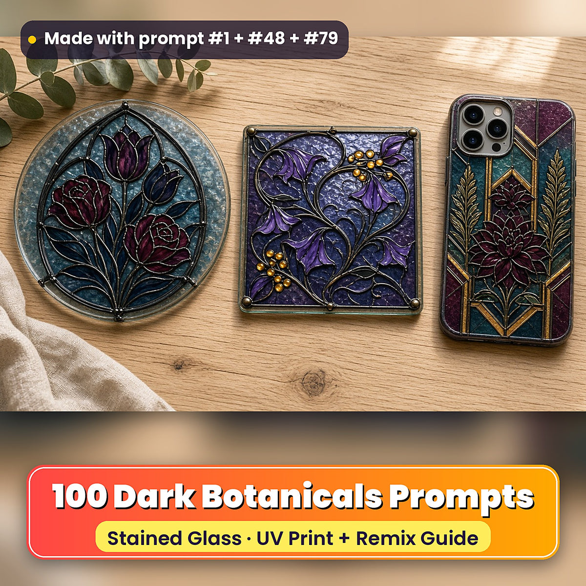 Dark Botanicals stained glass prompt pack: UV-printed suncatcher, coaster and phone case set mockup, made with prompt #1 + #48 + #79