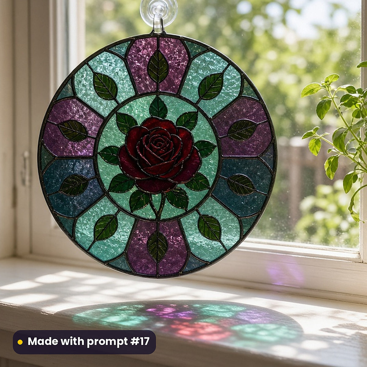 Dark Botanicals stained glass prompt pack: UV-printed acrylic suncatcher in a window mockup, made with prompt #17