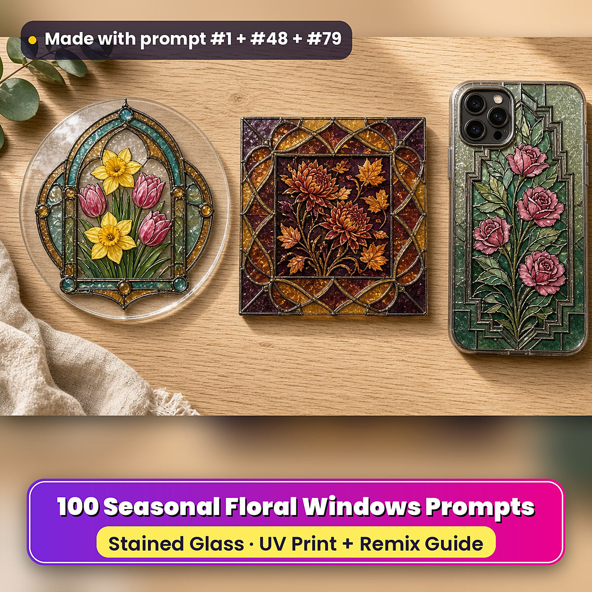 Seasonal Floral Windows stained glass prompt pack: UV-printed suncatcher, coaster and phone case set mockup, made with prompt #1 + #48 + #79