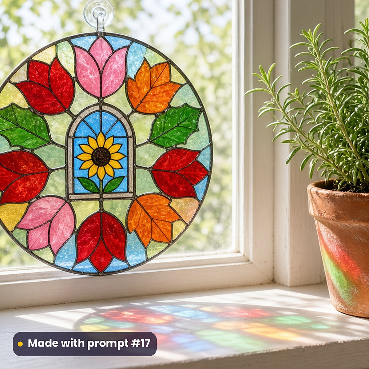 Seasonal Floral Windows stained glass prompt pack: UV-printed acrylic suncatcher in a window mockup, made with prompt #17