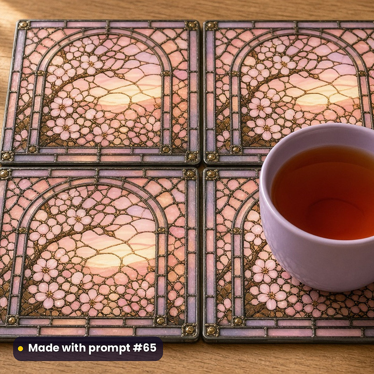 Seasonal Floral Windows stained glass prompt pack: set of UV-printed glass coasters mockup, made with prompt #65