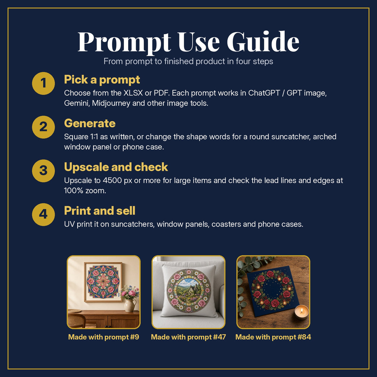 Prompt Use Guide for the Floral Wreaths Stained Glass Prompt Pack: pick a prompt, generate, upscale and check, print and sell, with sample products made with the pack's prompts