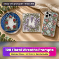 Floral Wreaths stained glass prompt pack: UV-printed suncatcher, coaster and phone case set mockup, made with prompt #1 + #48 + #79