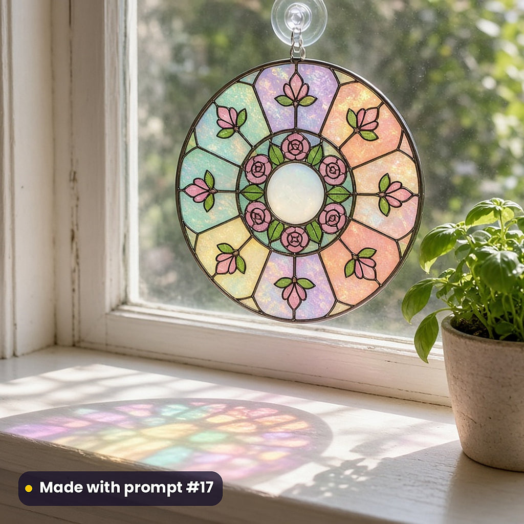 Floral Wreaths stained glass prompt pack: UV-printed acrylic suncatcher in a window mockup, made with prompt #17