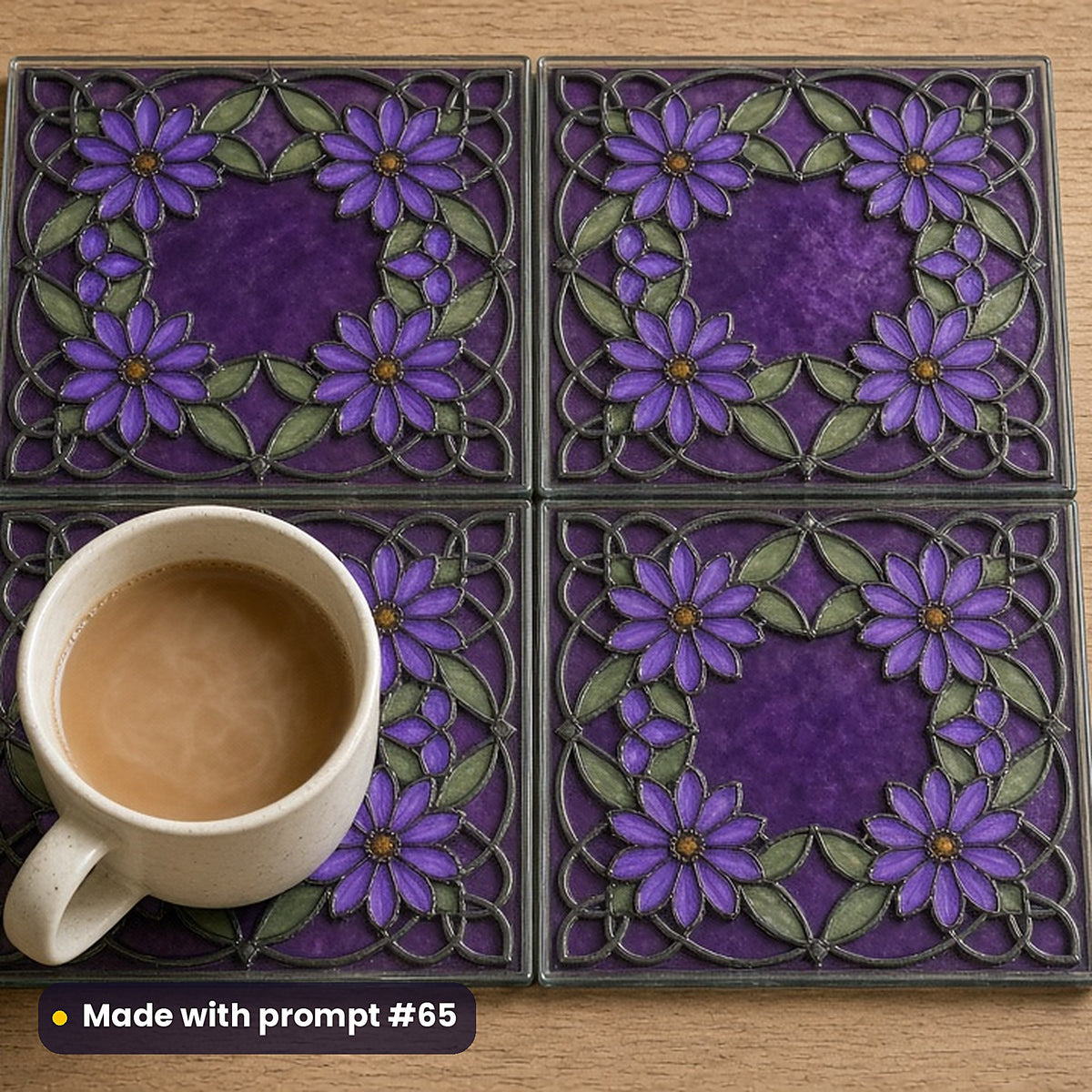 Floral Wreaths stained glass prompt pack: set of UV-printed glass coasters mockup, made with prompt #65