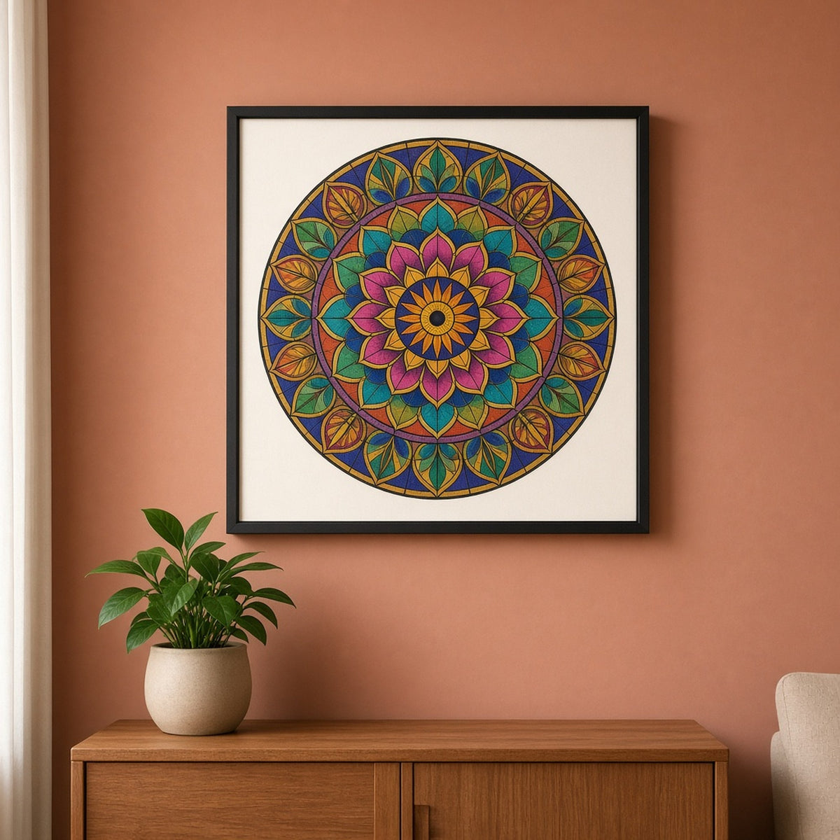 Art Deco stained-glass circular botanical mandala of lotus petals and leaves around a sunburst centre in magenta, turquoise and saffron shown as a flat framed print above a cabinet, made with prompt #9