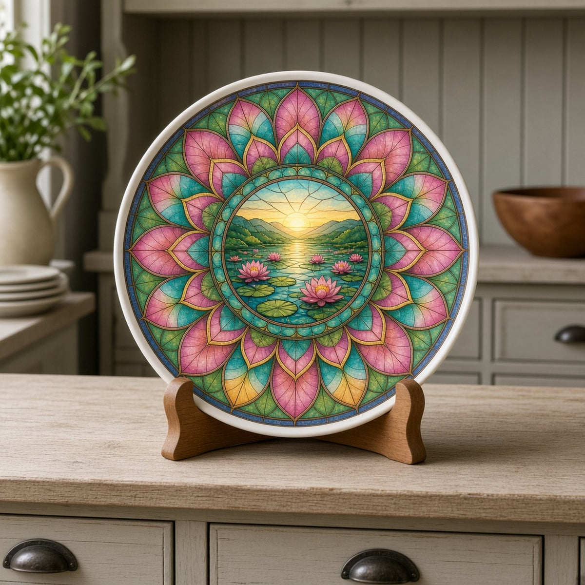 Rose-window stained-glass botanical mandala of pink and turquoise petals around a central lotus pond at sunrise printed flat on a plate, made with prompt #47