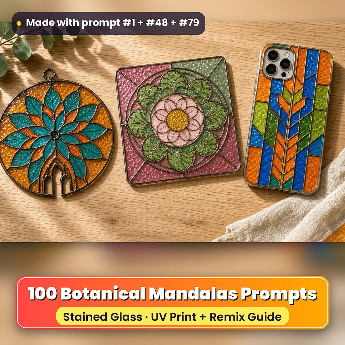 Botanical Mandalas stained glass prompt pack: UV-printed suncatcher, coaster and phone case set mockup, made with prompt #1 + #48 + #79
