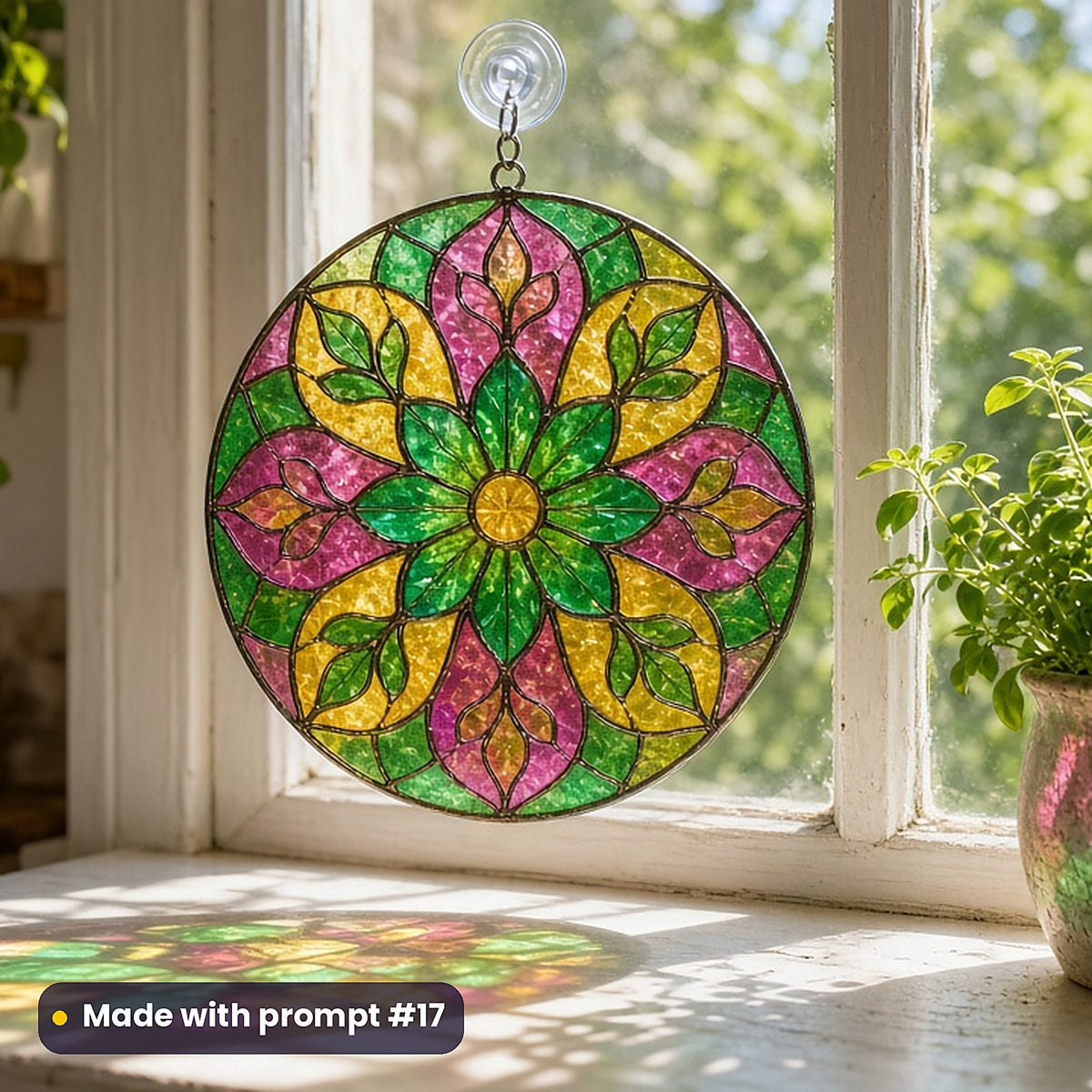 Botanical Mandalas stained glass prompt pack: UV-printed acrylic suncatcher in a window mockup, made with prompt #17