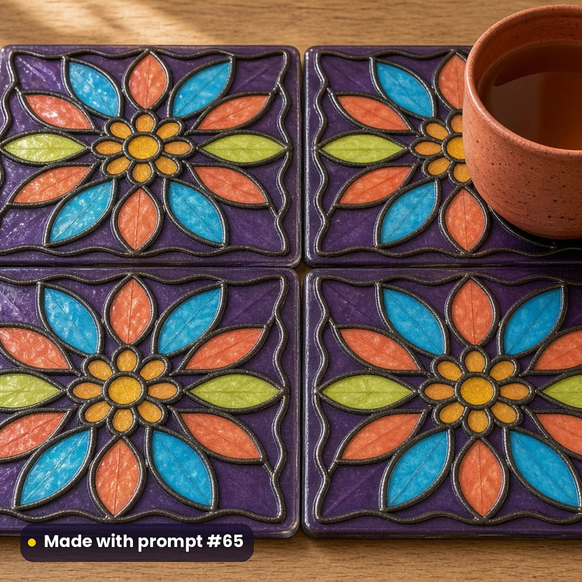 Botanical Mandalas stained glass prompt pack: set of UV-printed glass coasters mockup, made with prompt #65
