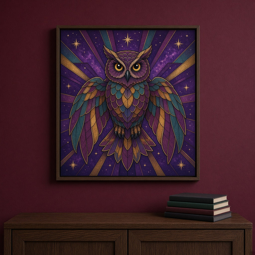 Owls printed flat on a framed print, made with prompt #9: a forward-facing owl with spread plum, teal and amber feathers over violet Art Deco rays and stars