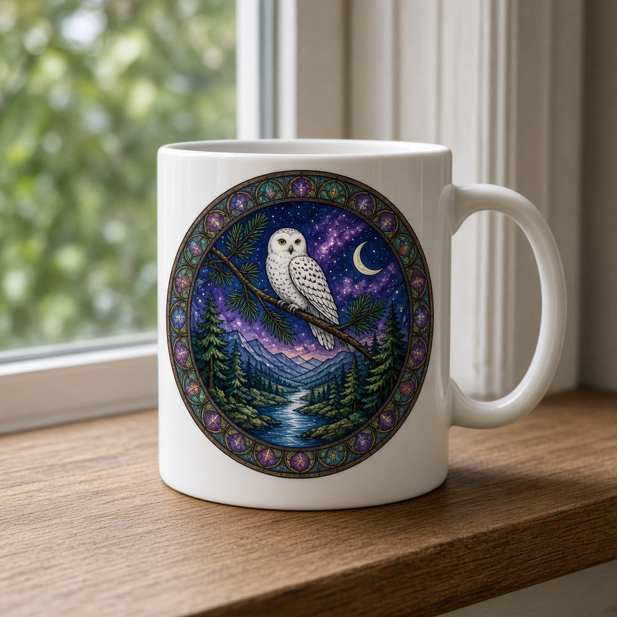 Owls printed flat on a mug, made with prompt #47: a snowy owl on a pine branch above a moonlit forest valley and river under a violet starry sky in a rose-window ring