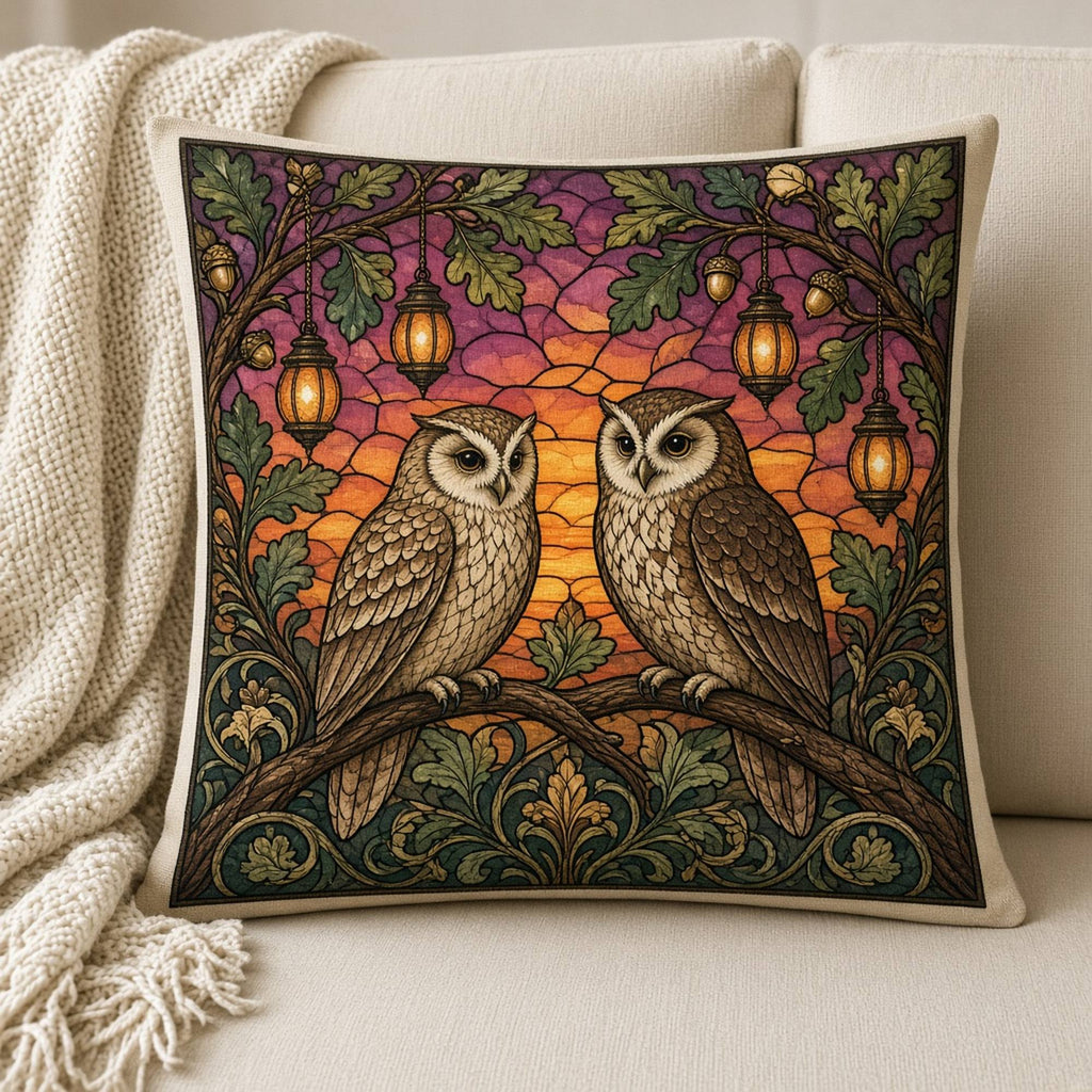 Owls printed flat on a cushion, made with prompt #84: two owls on an oak branch hung with glowing lanterns against a sunset orange and magenta sky