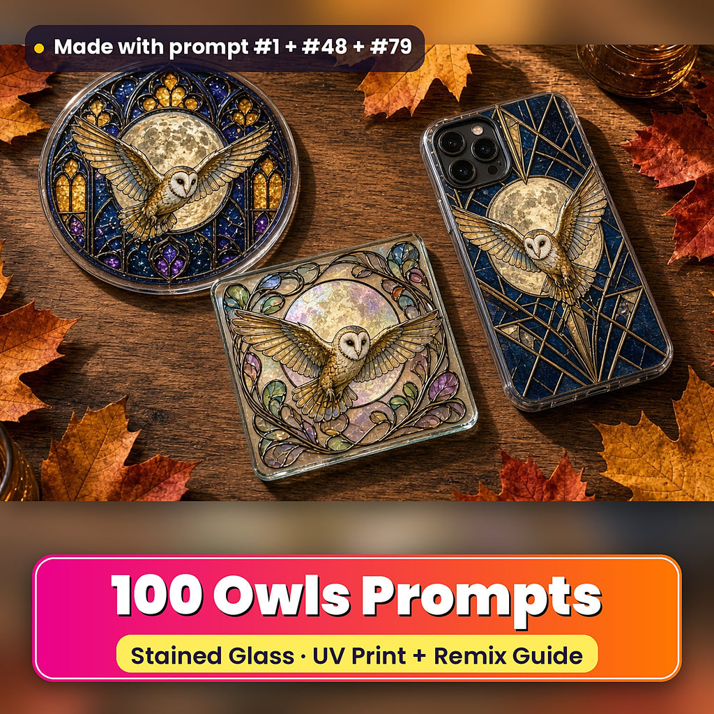 Owls stained glass prompt pack: UV-printed suncatcher, coaster and phone case set mockup, made with prompt #1 + #48 + #79
