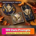 Owls stained glass prompt pack: UV-printed suncatcher, coaster and phone case set mockup, made with prompt #1 + #48 + #79