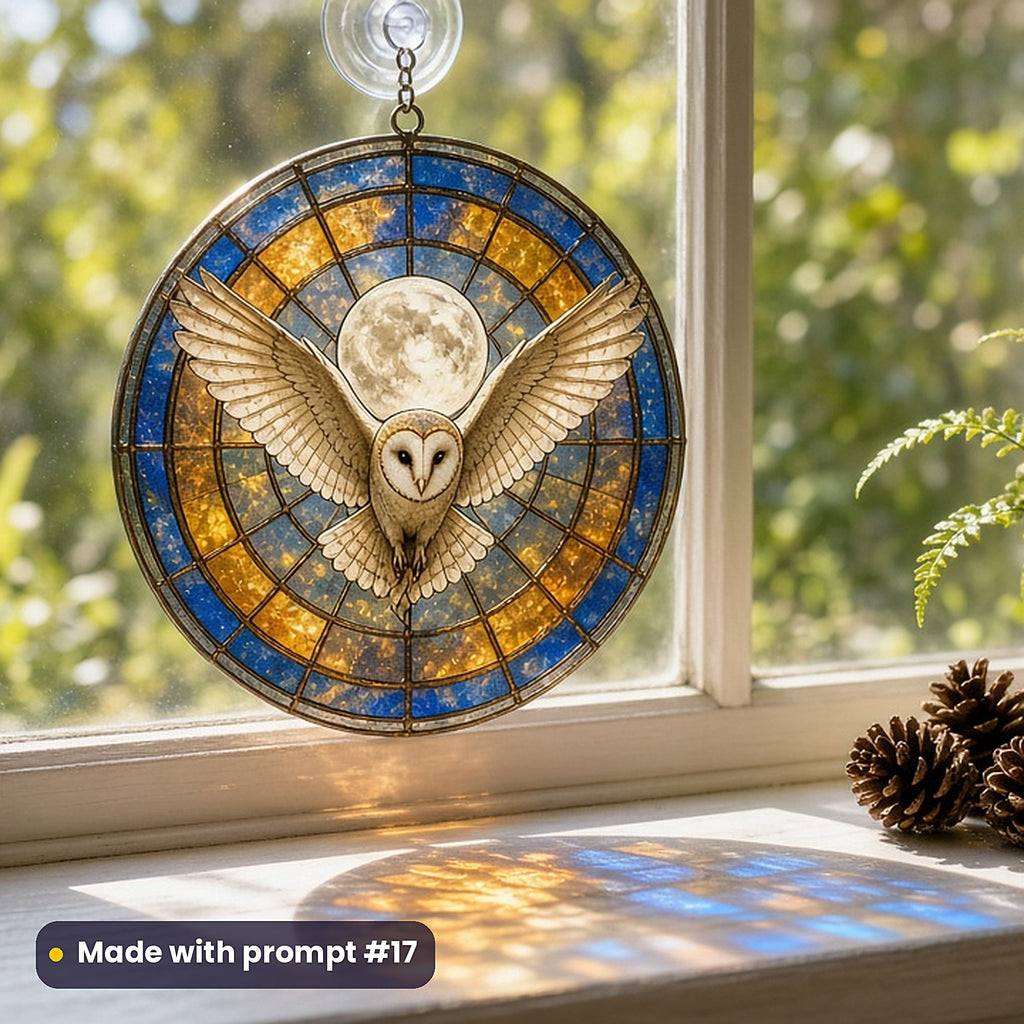 Owls stained glass prompt pack: UV-printed acrylic suncatcher in a window mockup, made with prompt #17